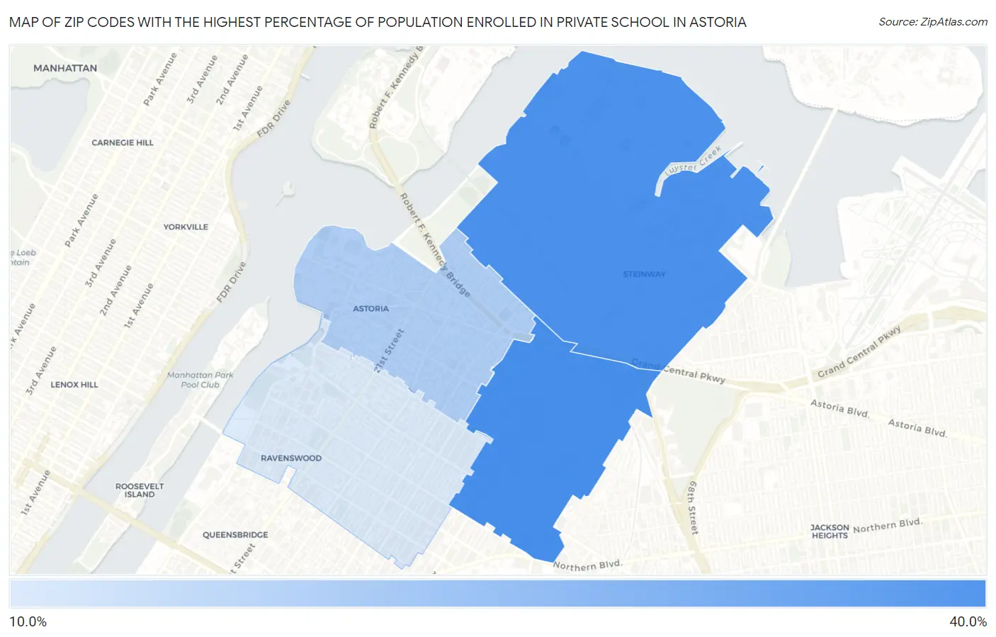 Zip Codes with the Highest Percentage of Population Enrolled in Private School in Astoria Map