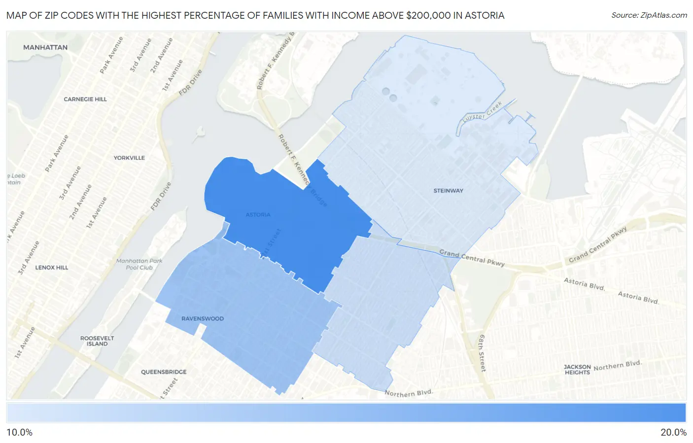 Zip Codes with the Highest Percentage of Families with Income Above $200,000 in Astoria Map