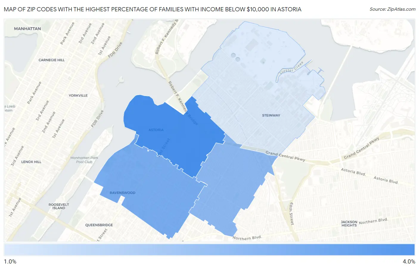 Zip Codes with the Highest Percentage of Families with Income Below $10,000 in Astoria Map