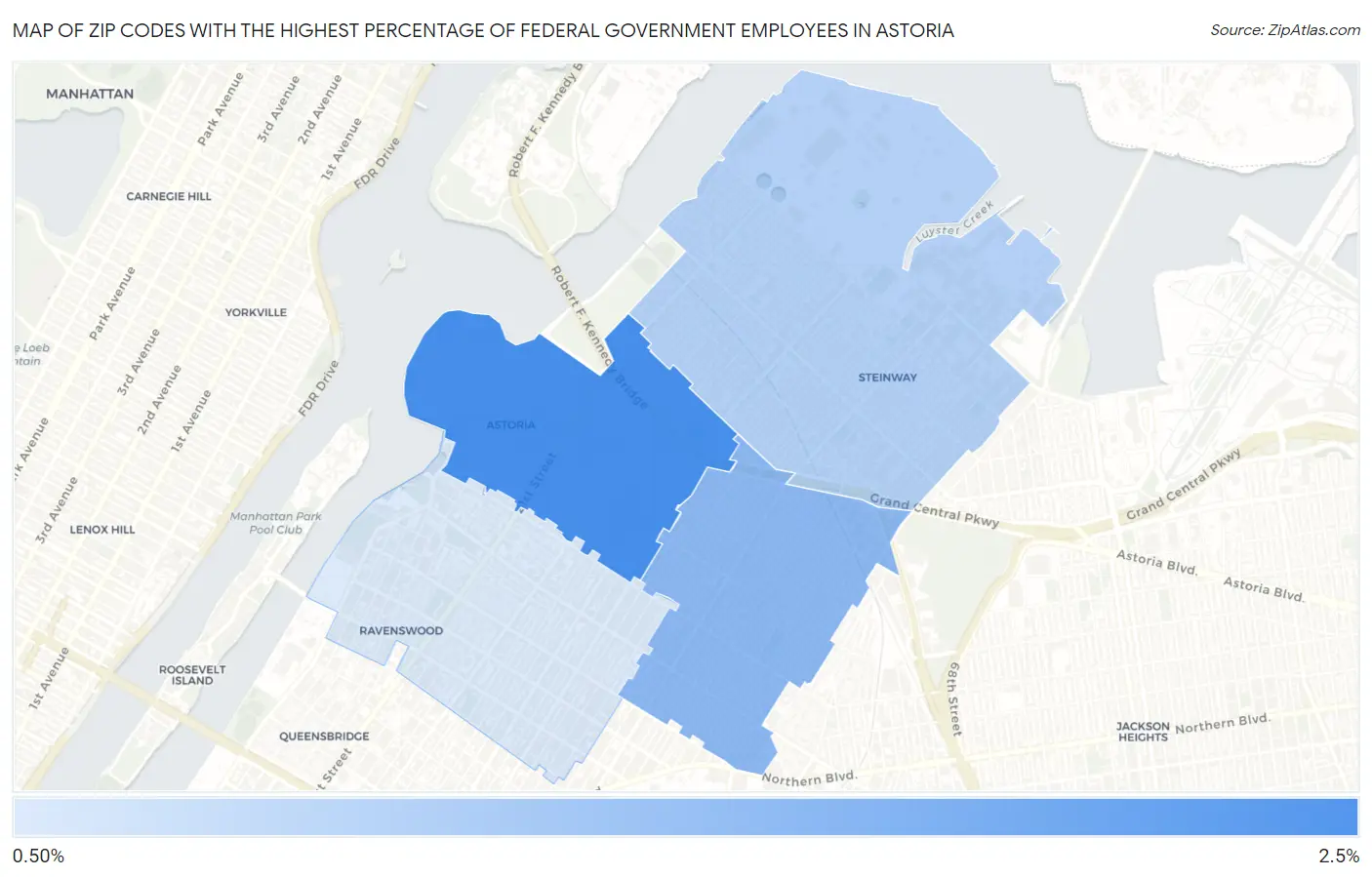 Zip Codes with the Highest Percentage of Federal Government Employees in Astoria Map
