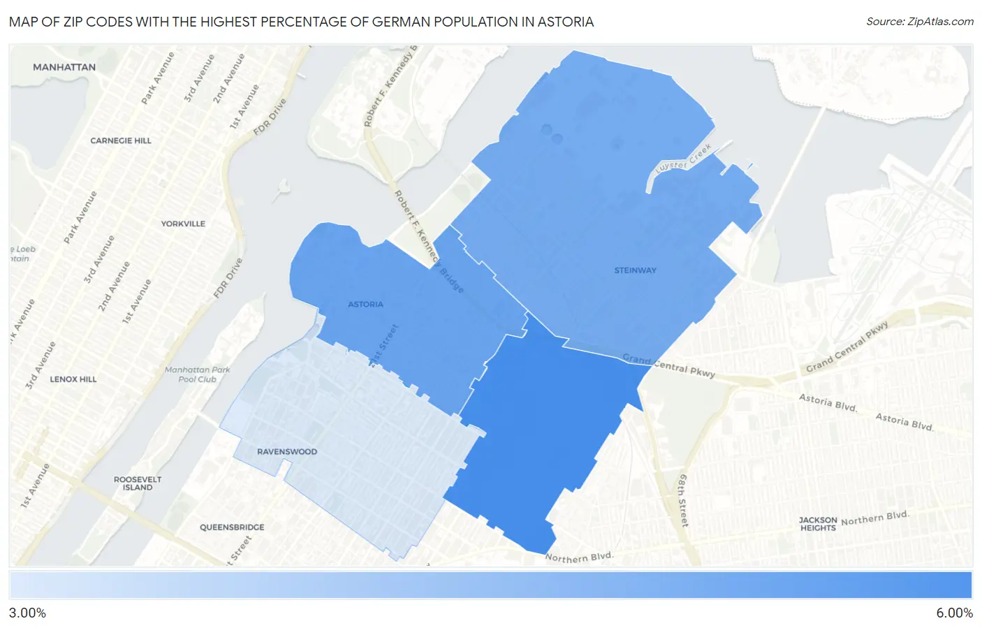 Zip Codes with the Highest Percentage of German Population in Astoria Map