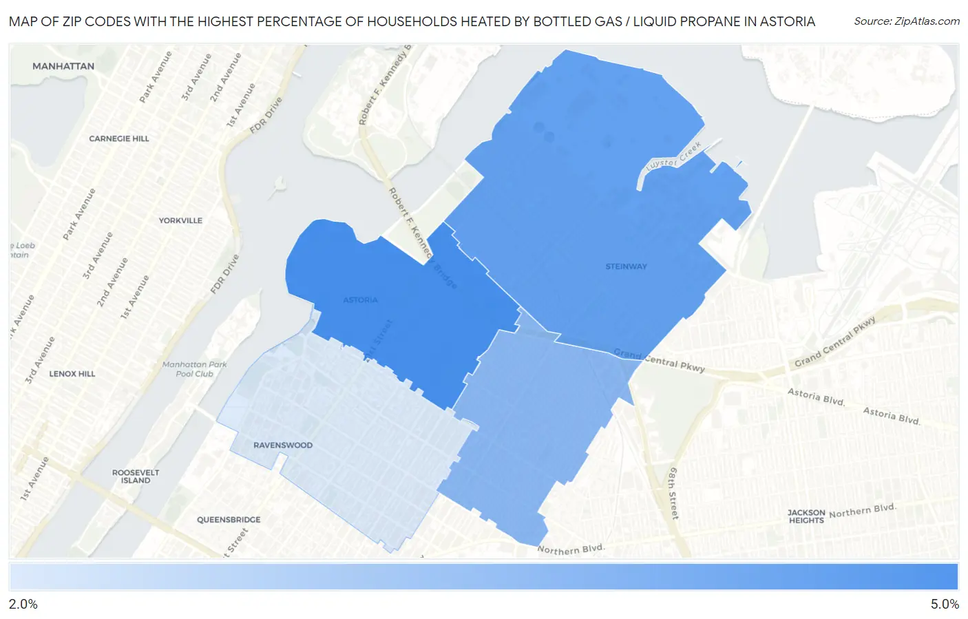 Zip Codes with the Highest Percentage of Households Heated by Bottled Gas / Liquid Propane in Astoria Map