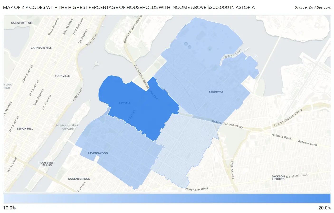 Zip Codes with the Highest Percentage of Households with Income Above $200,000 in Astoria Map