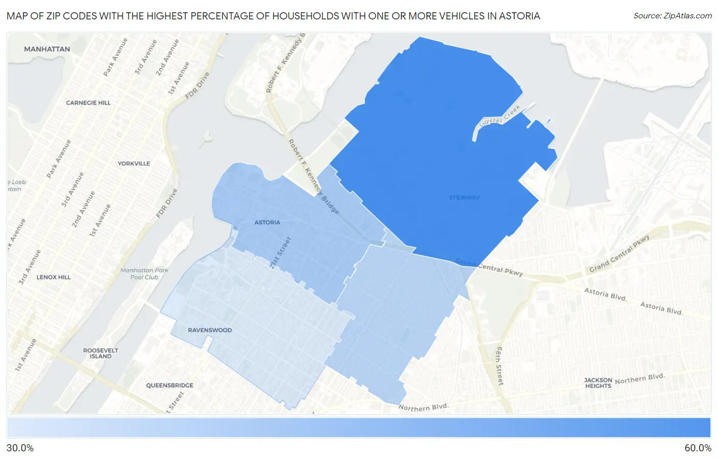 Zip Codes with the Highest Percentage of Households With One or more Vehicles in Astoria Map
