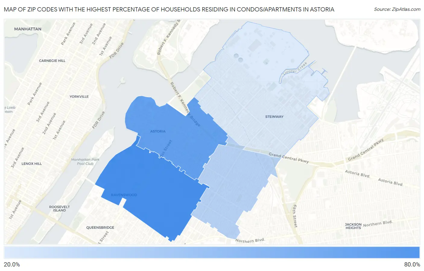 Zip Codes with the Highest Percentage of Households Residing in Condos/Apartments in Astoria Map
