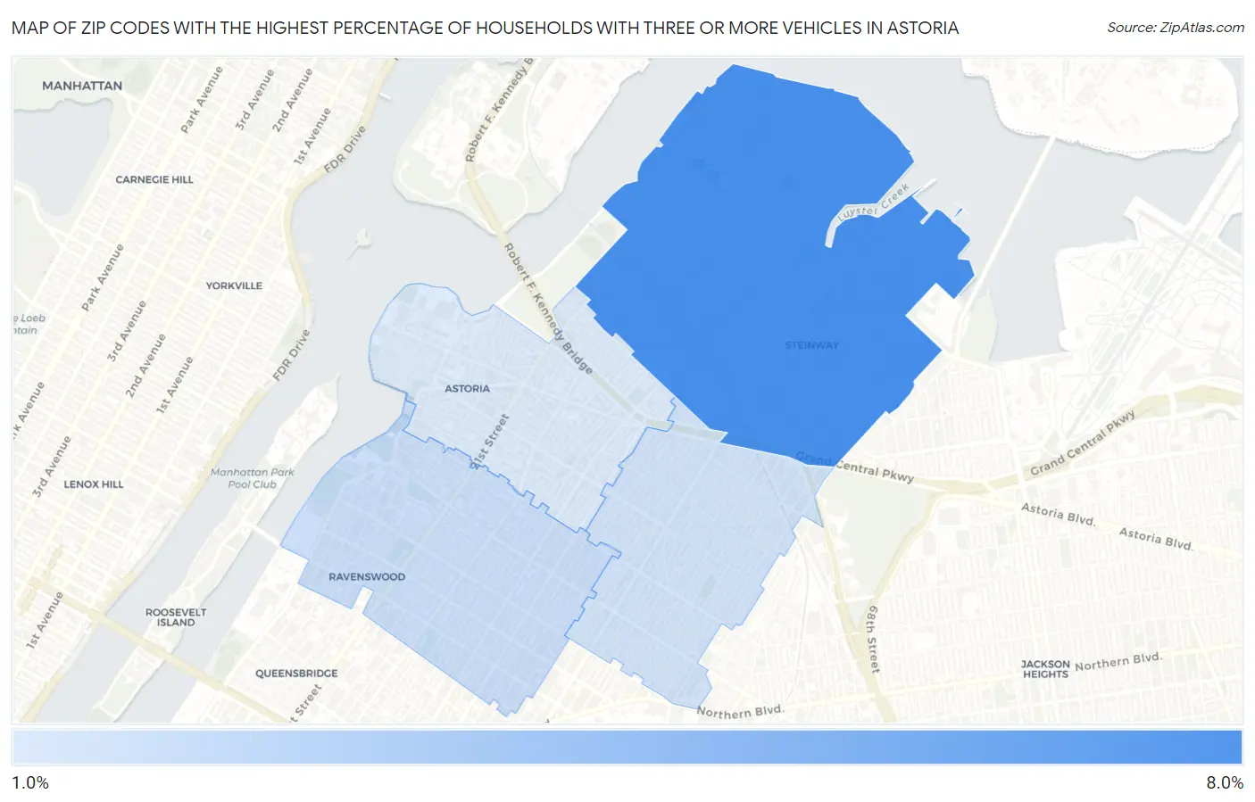 Zip Codes with the Highest Percentage of Households With Three or more Vehicles in Astoria Map