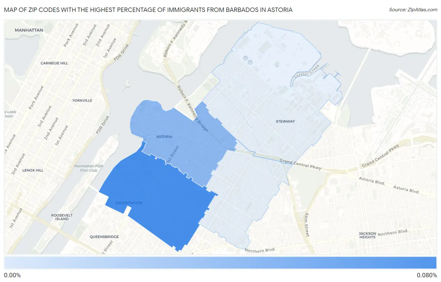 Zip Codes with the Highest Percentage of Immigrants from Barbados in Astoria Map