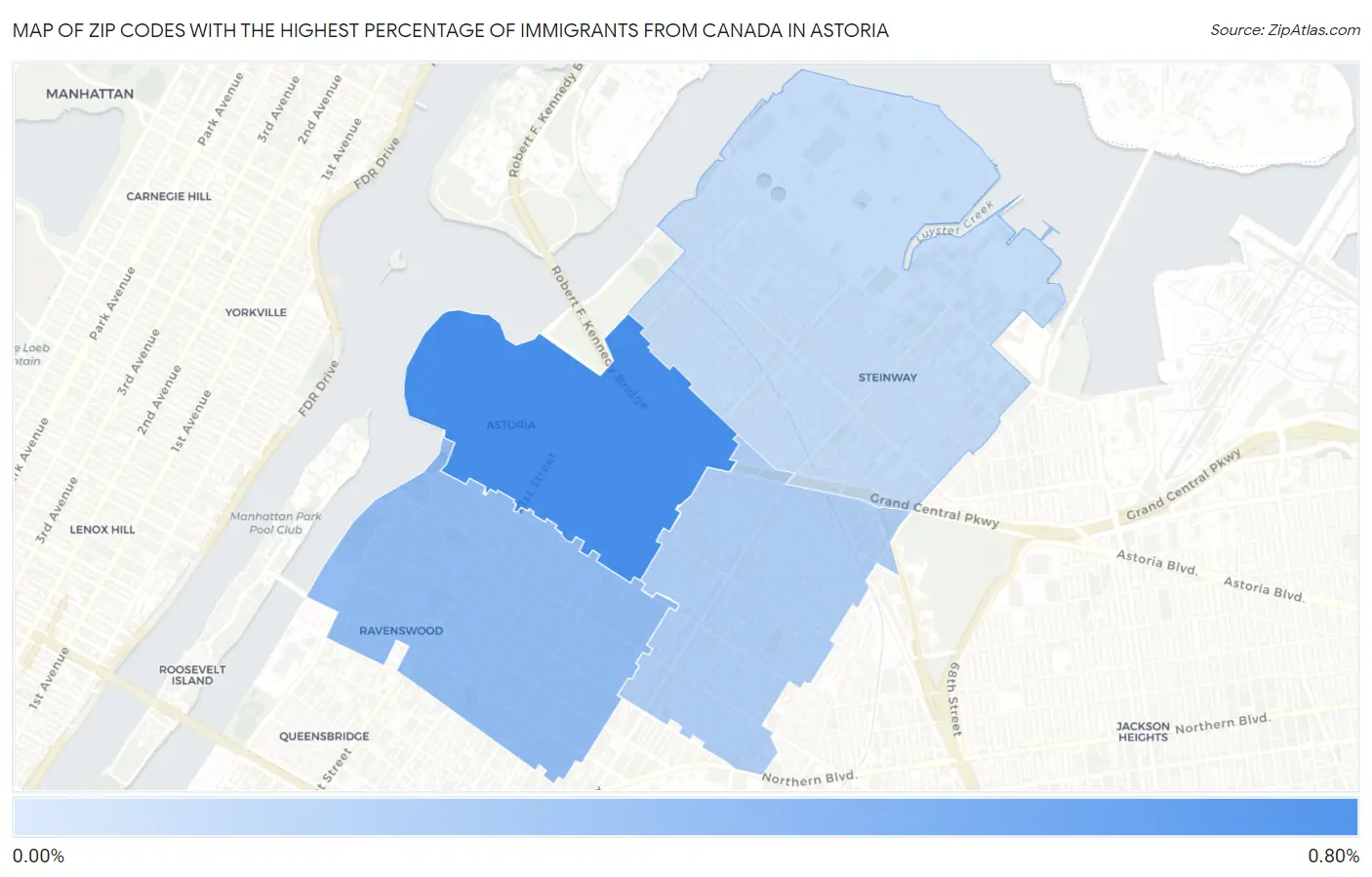 Zip Codes with the Highest Percentage of Immigrants from Canada in Astoria Map