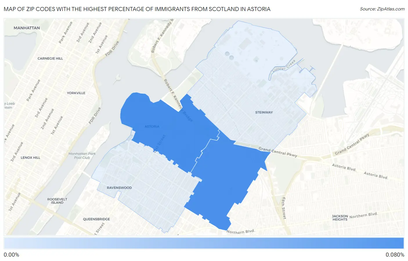 Zip Codes with the Highest Percentage of Immigrants from Scotland in Astoria Map