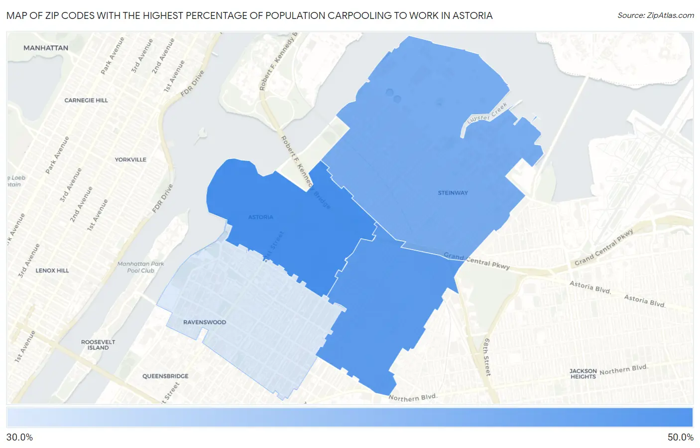 Zip Codes with the Highest Percentage of Population Carpooling to Work in Astoria Map