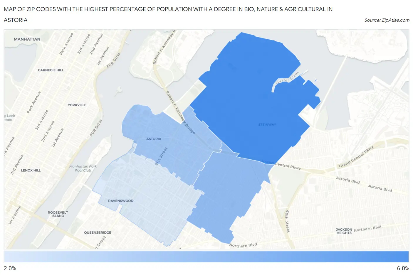 Zip Codes with the Highest Percentage of Population with a Degree in Bio, Nature & Agricultural in Astoria Map