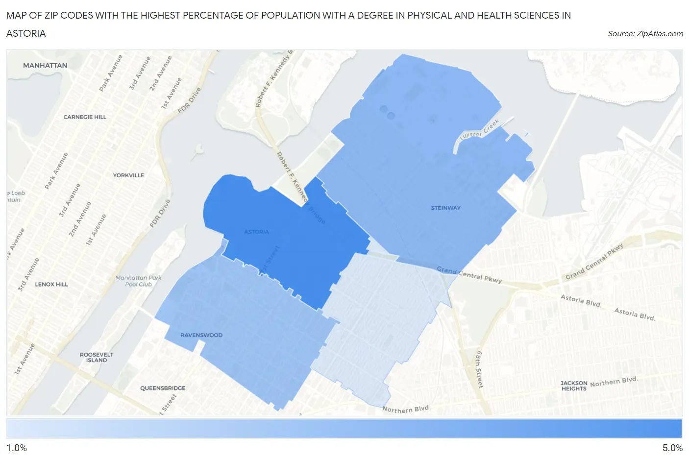 Zip Codes with the Highest Percentage of Population with a Degree in Physical and Health Sciences in Astoria Map