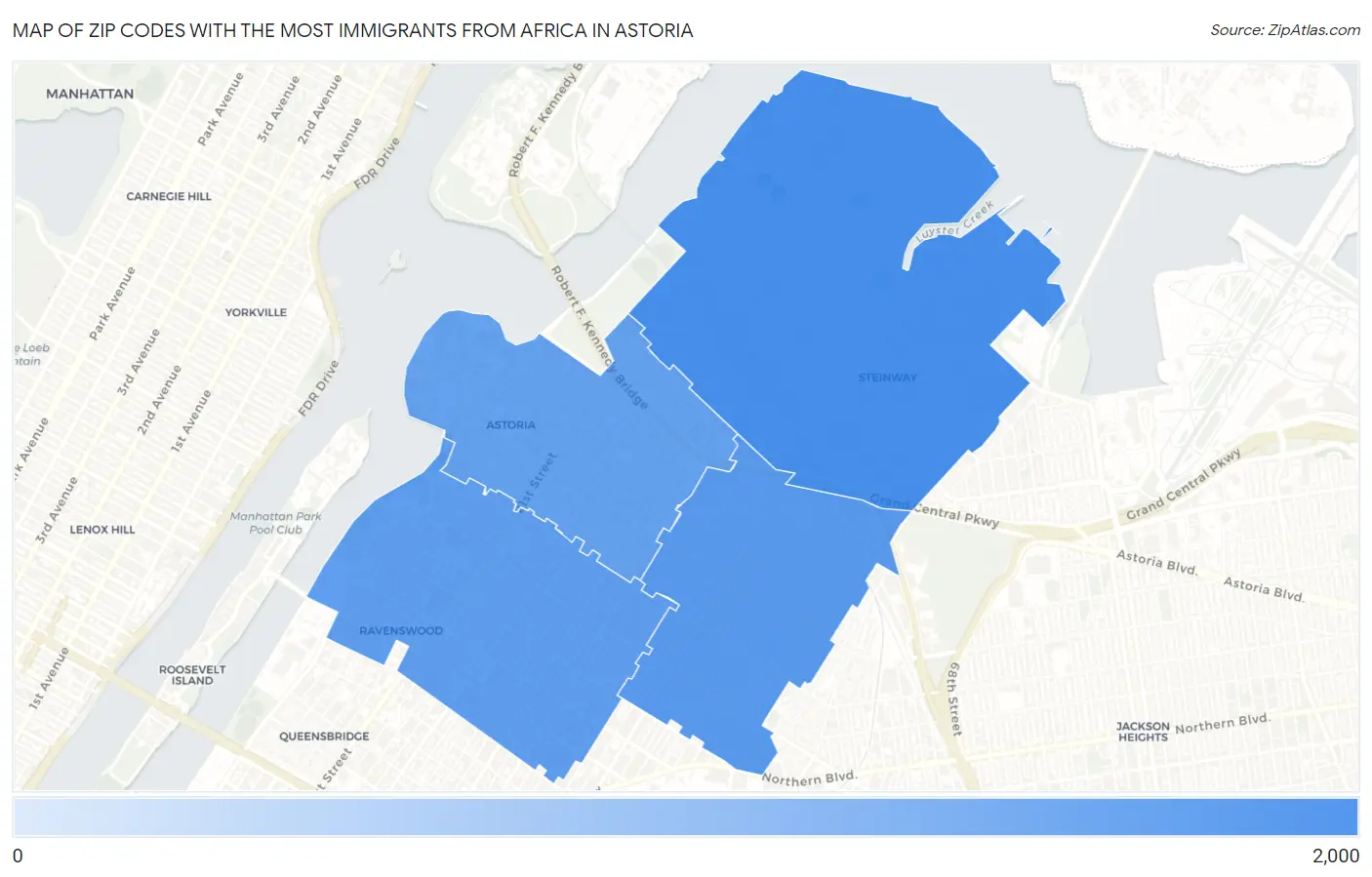 Zip Codes with the Most Immigrants from Africa in Astoria Map