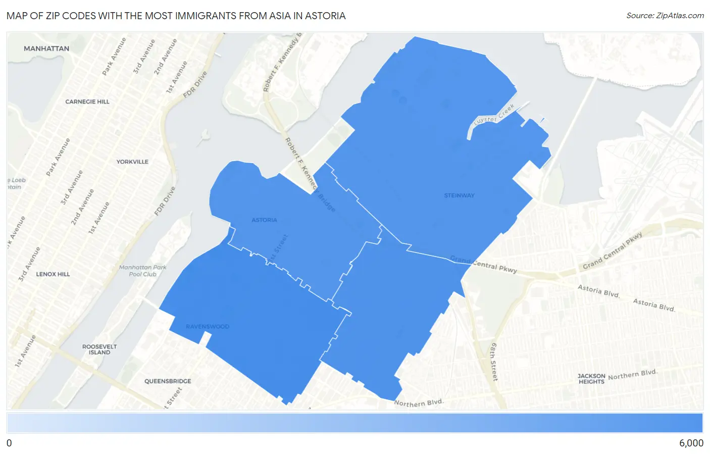 Zip Codes with the Most Immigrants from Asia in Astoria Map