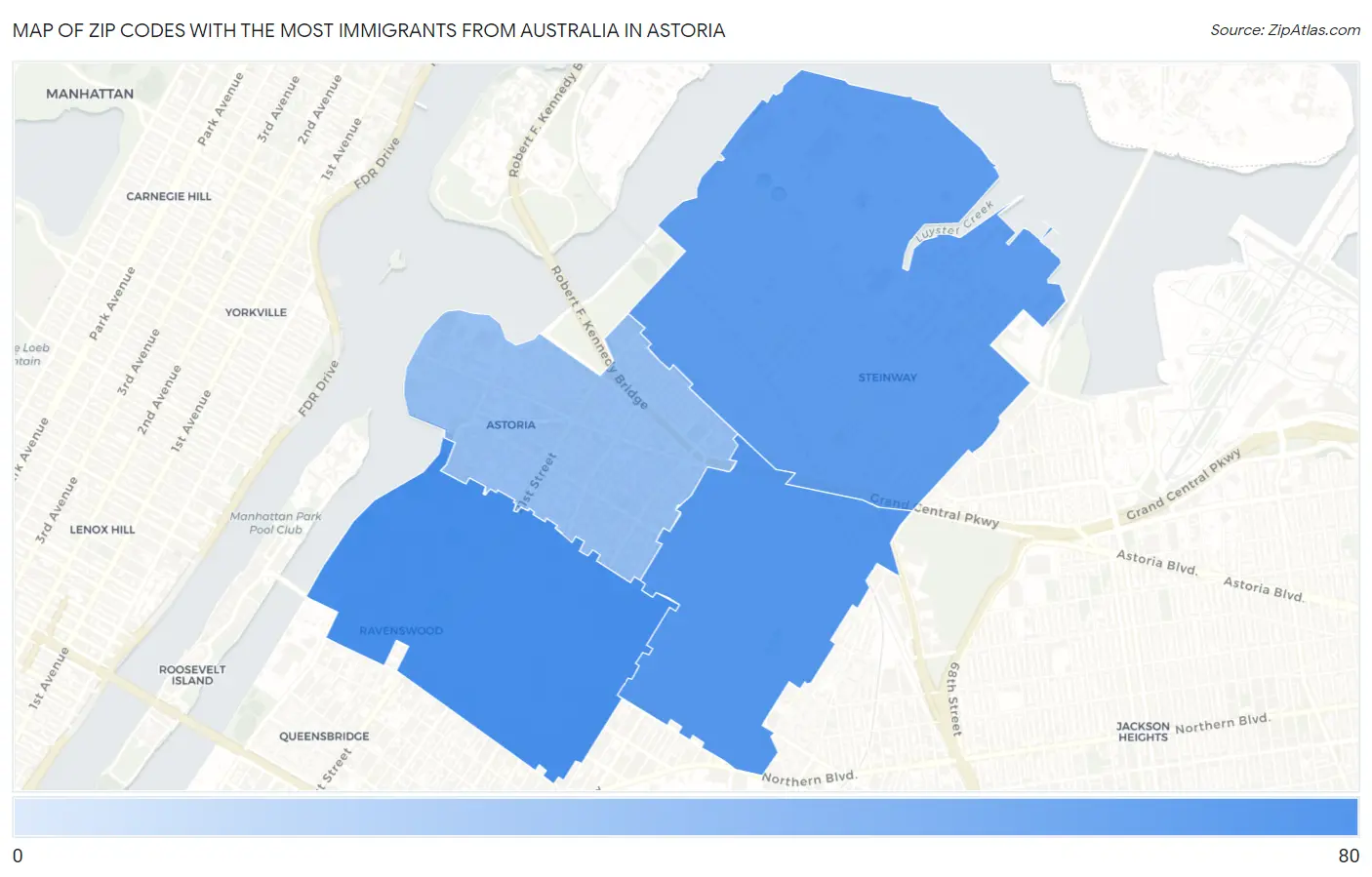 Zip Codes with the Most Immigrants from Australia in Astoria Map