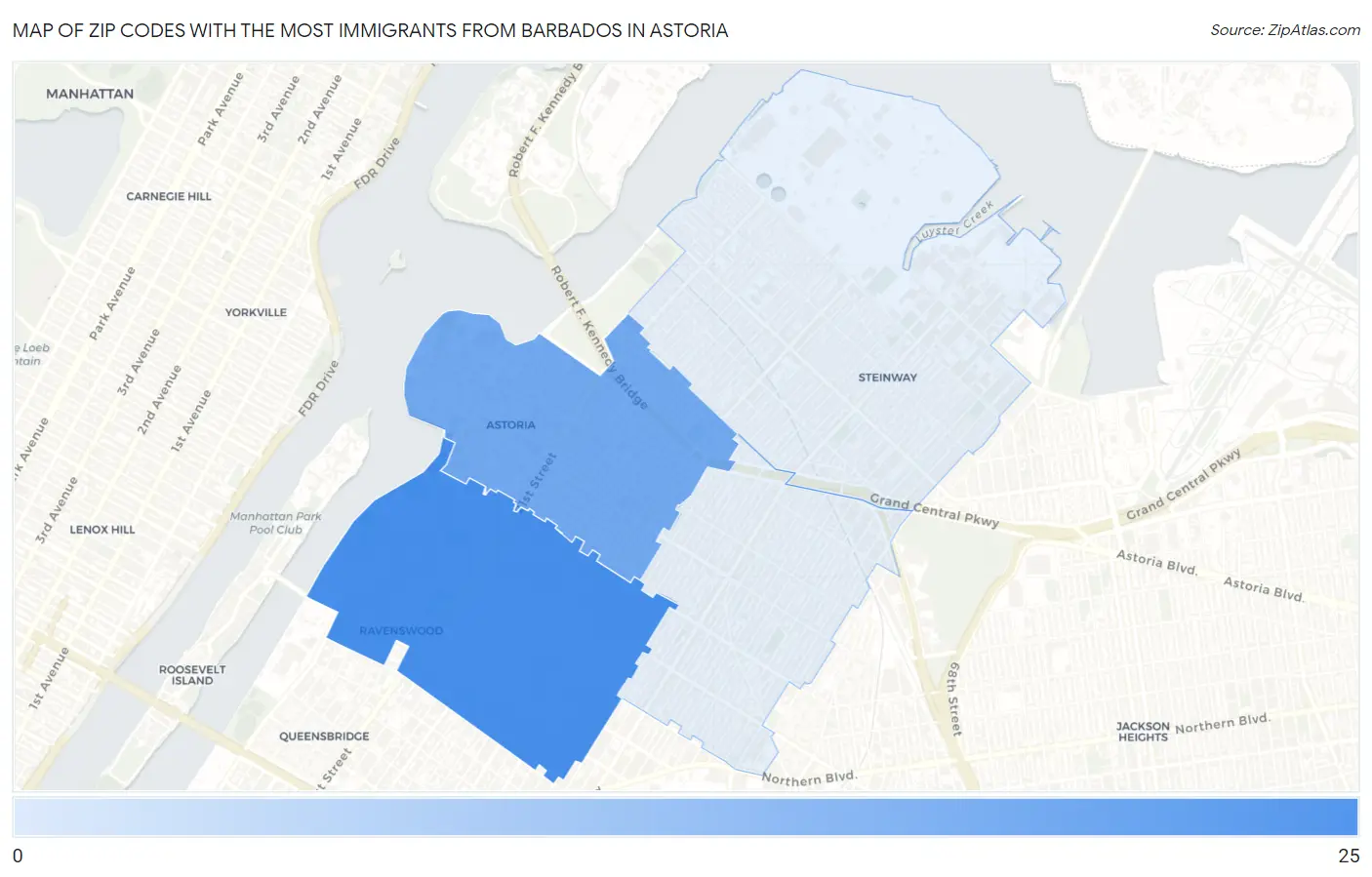 Zip Codes with the Most Immigrants from Barbados in Astoria Map