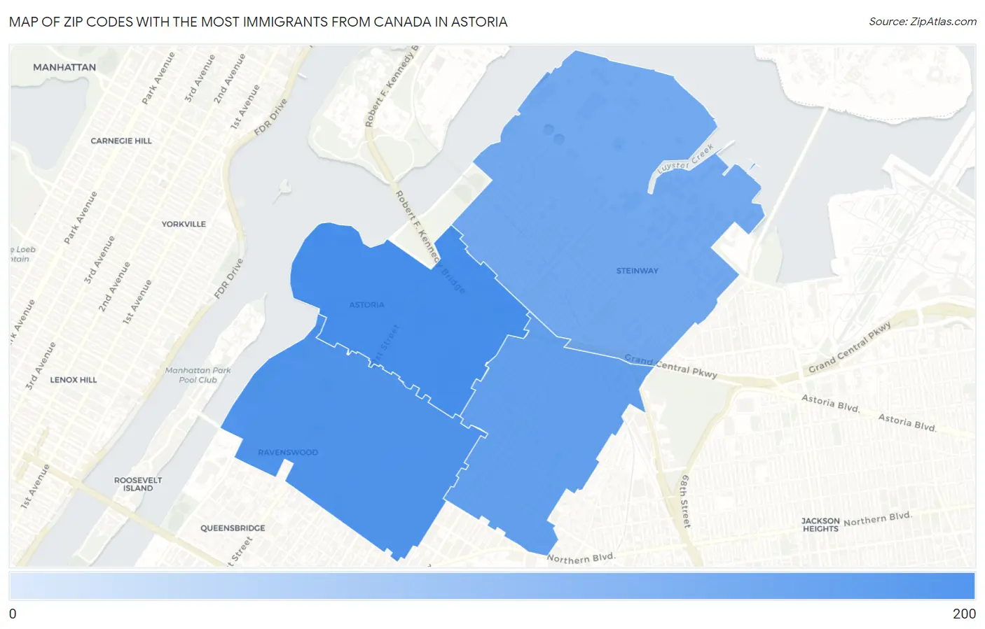 Zip Codes with the Most Immigrants from Canada in Astoria Map