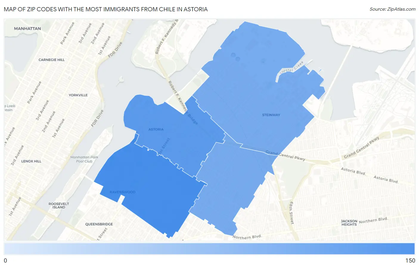 Zip Codes with the Most Immigrants from Chile in Astoria Map