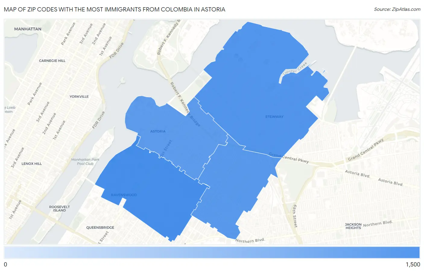 Zip Codes with the Most Immigrants from Colombia in Astoria Map