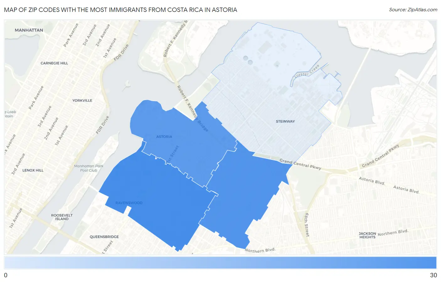 Zip Codes with the Most Immigrants from Costa Rica in Astoria Map