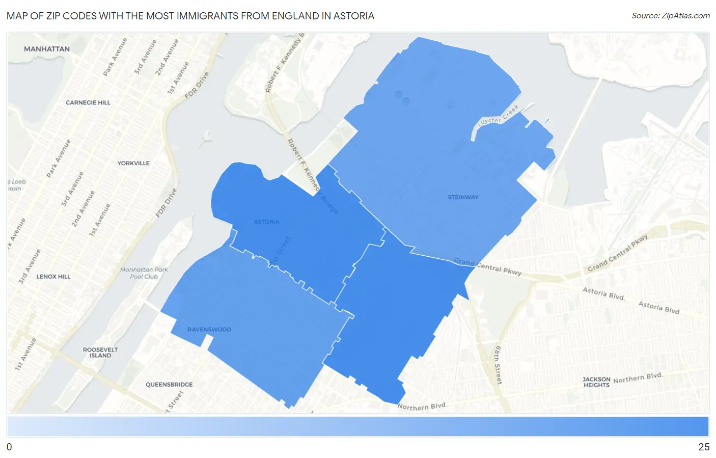 Zip Codes with the Most Immigrants from England in Astoria Map