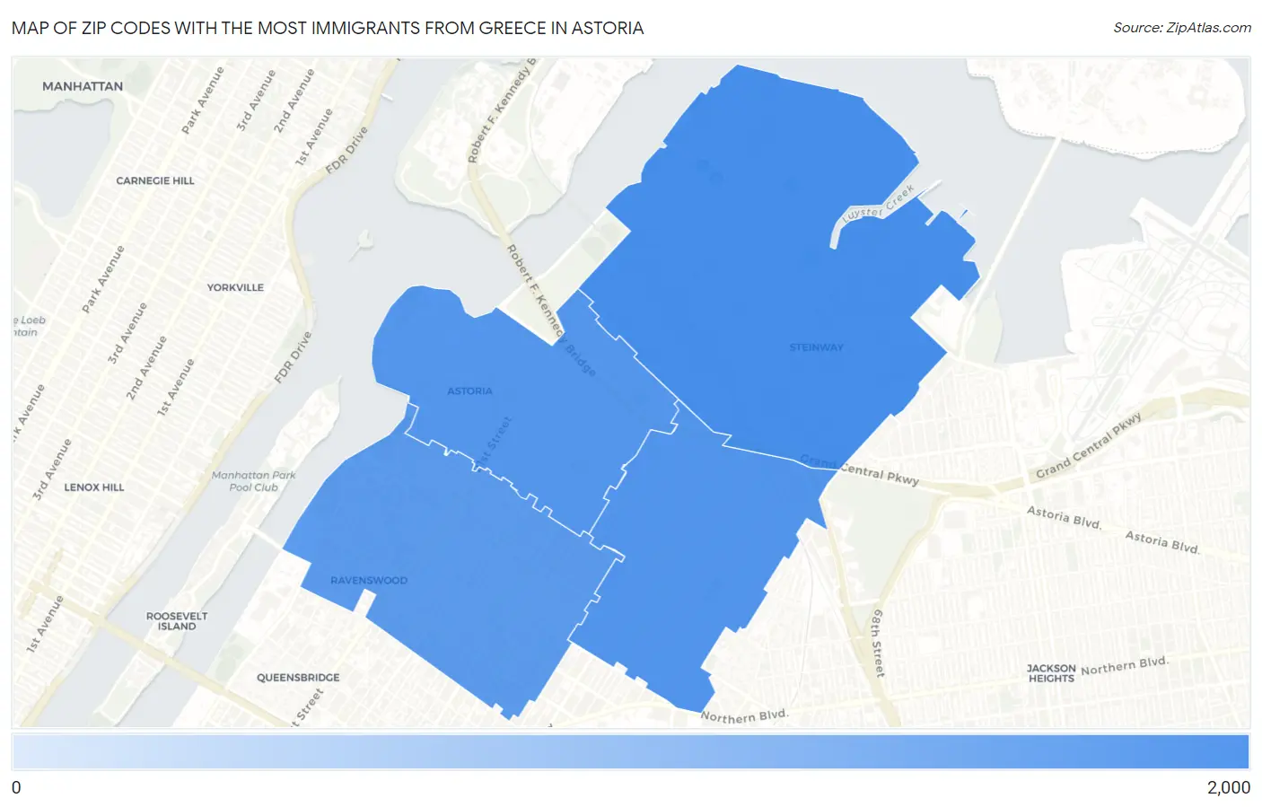Zip Codes with the Most Immigrants from Greece in Astoria Map