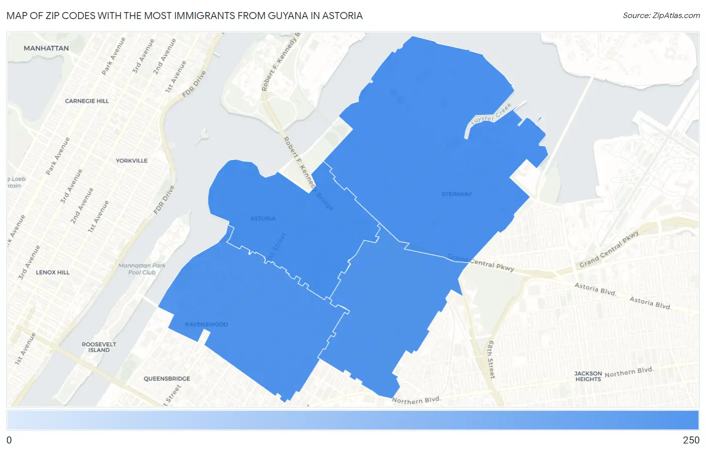 Zip Codes with the Most Immigrants from Guyana in Astoria Map