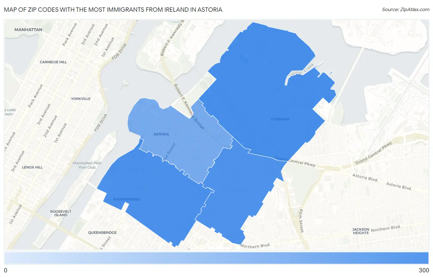 Zip Codes with the Most Immigrants from Ireland in Astoria Map