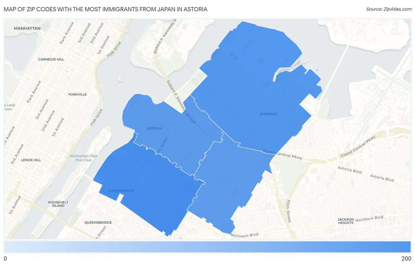 Zip Codes with the Most Immigrants from Japan in Astoria Map