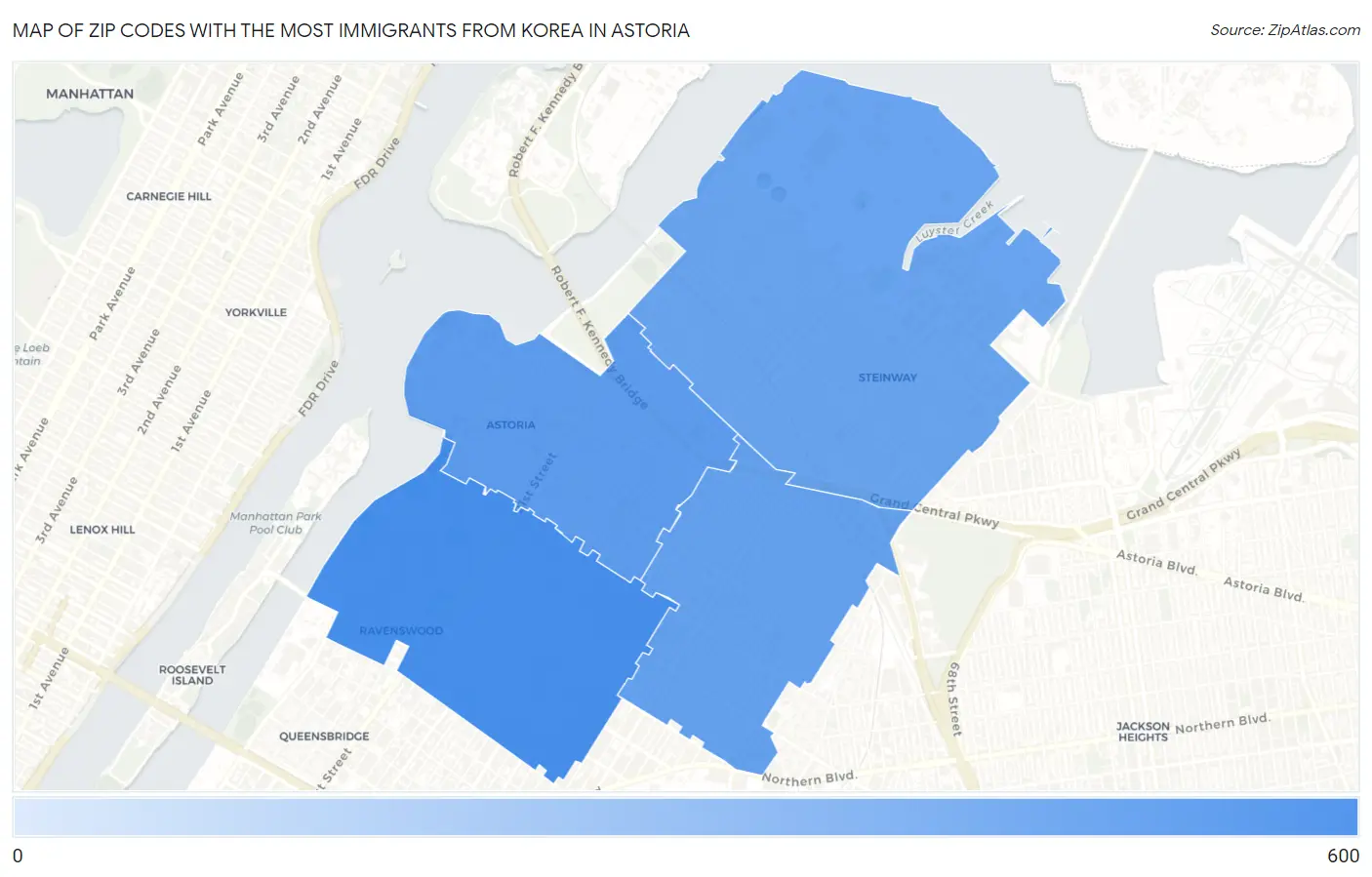 Zip Codes with the Most Immigrants from Korea in Astoria Map