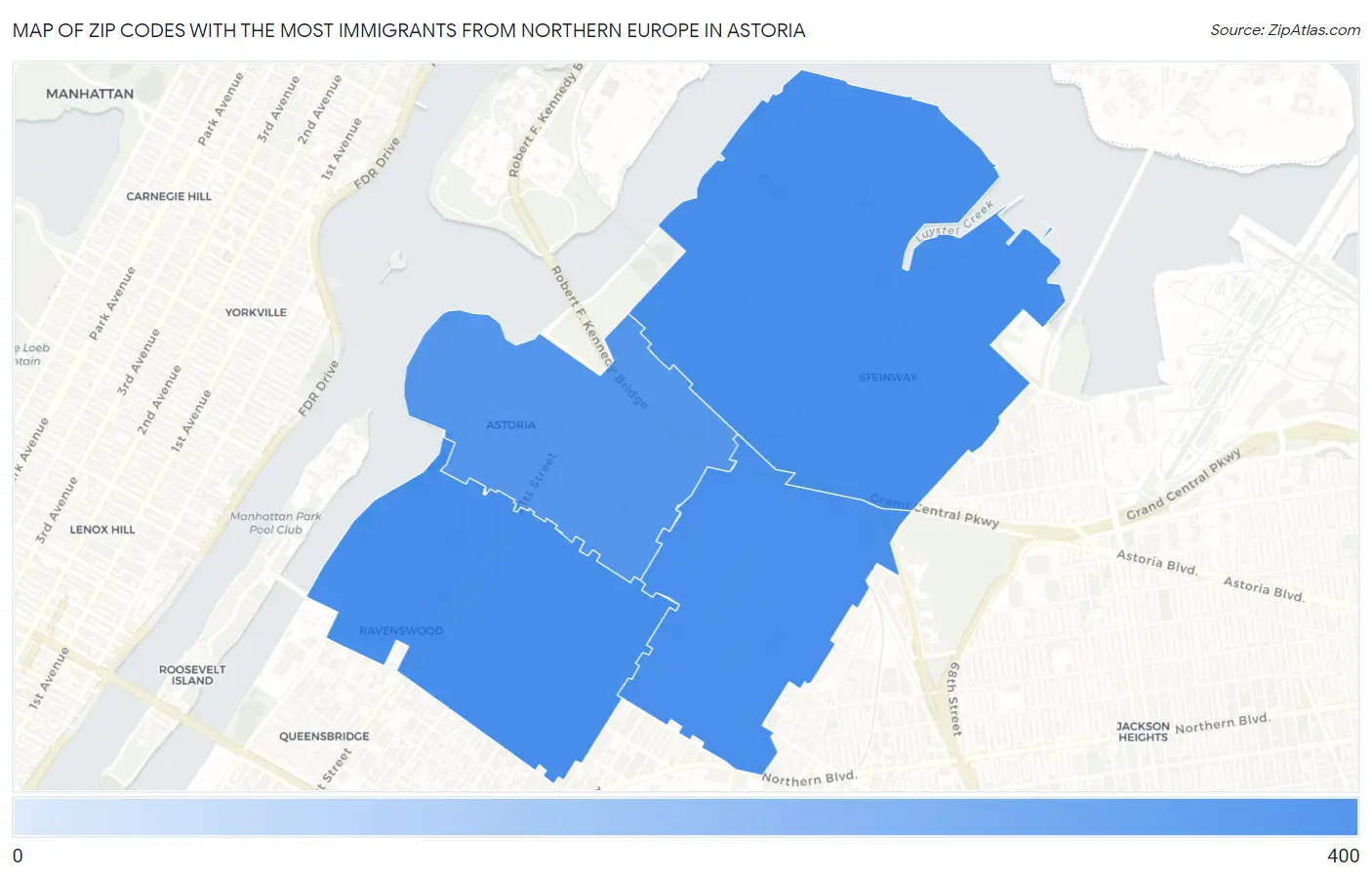 Zip Codes with the Most Immigrants from Northern Europe in Astoria Map