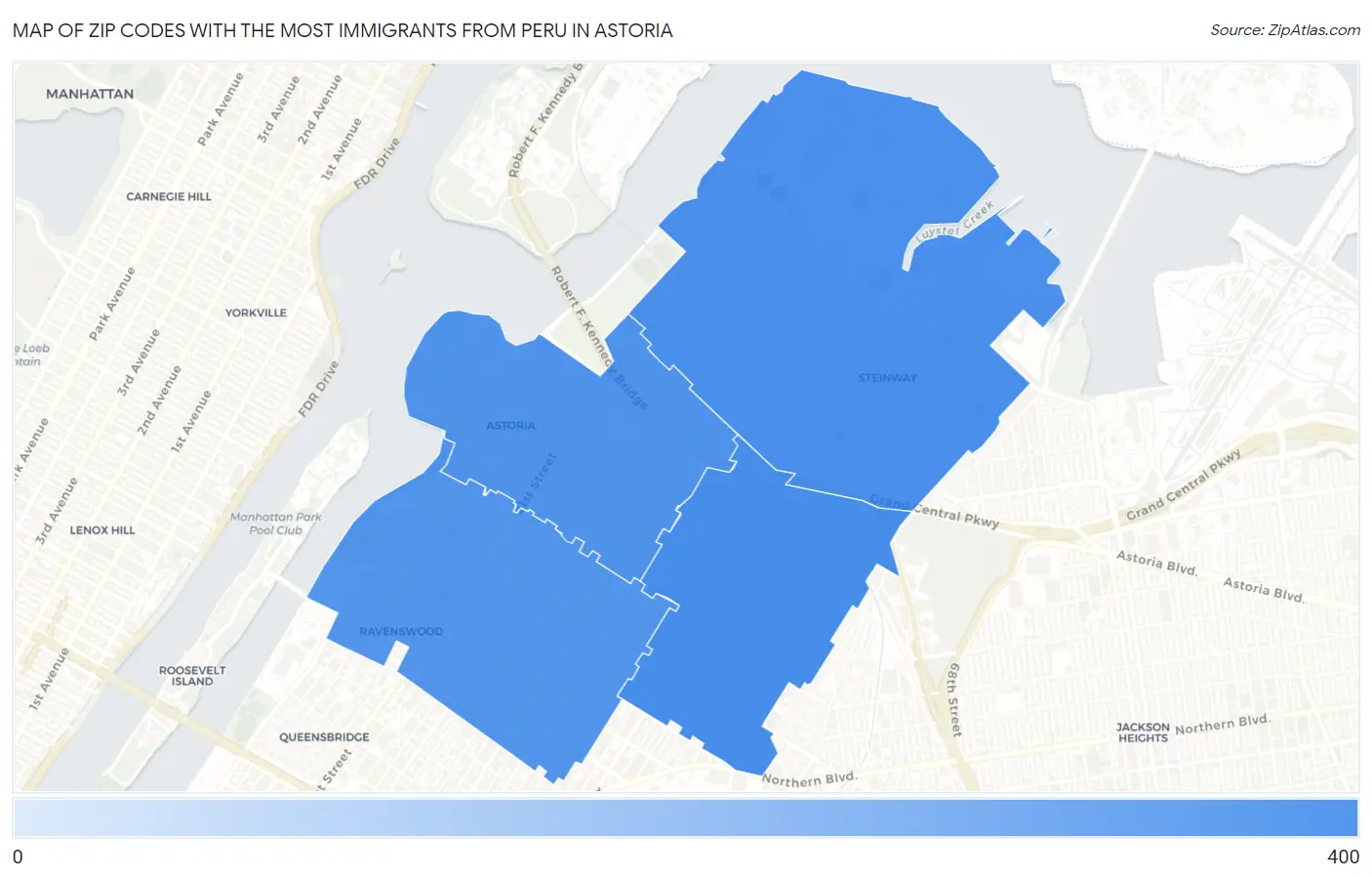 Zip Codes with the Most Immigrants from Peru in Astoria Map