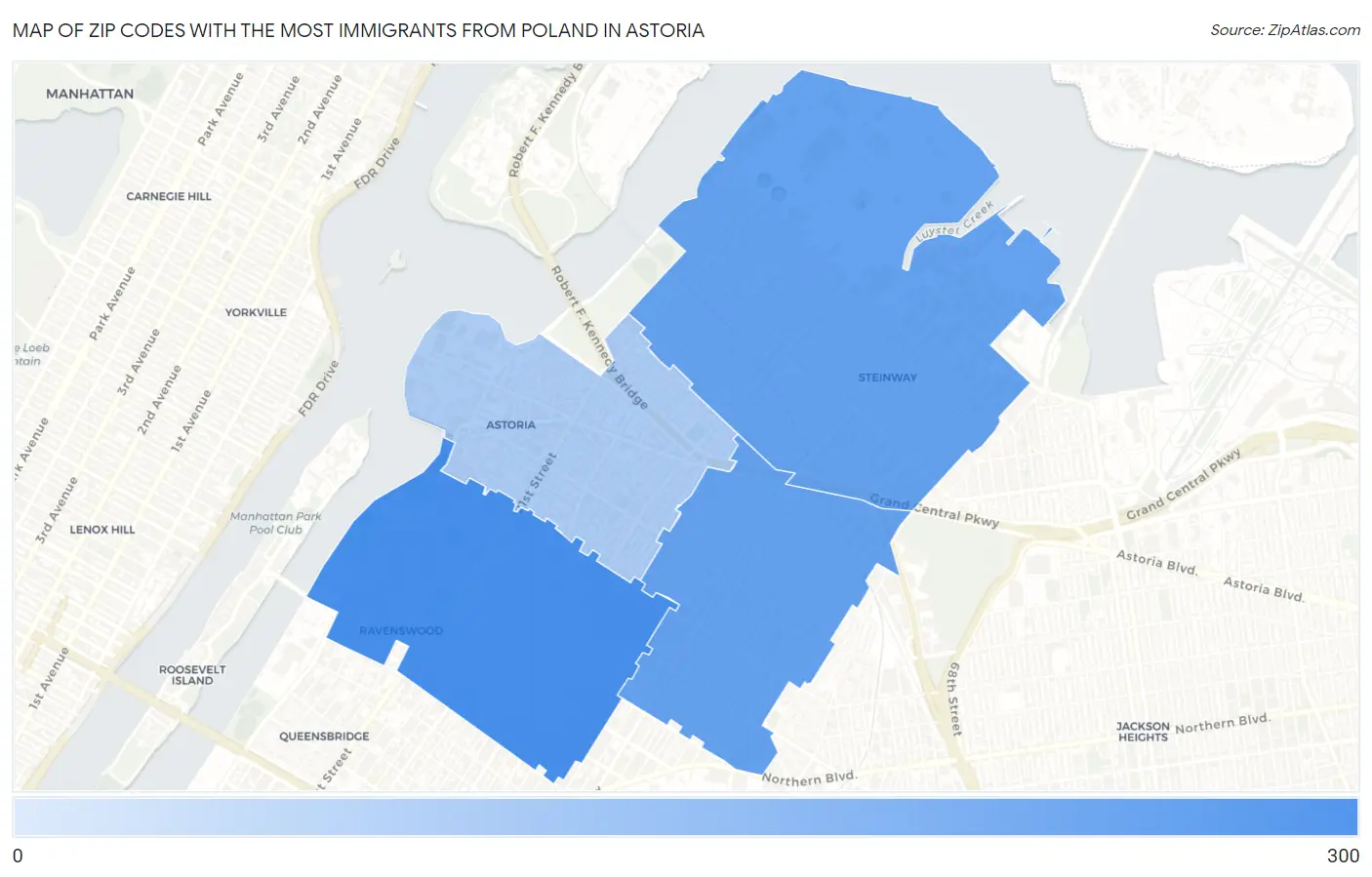 Zip Codes with the Most Immigrants from Poland in Astoria Map