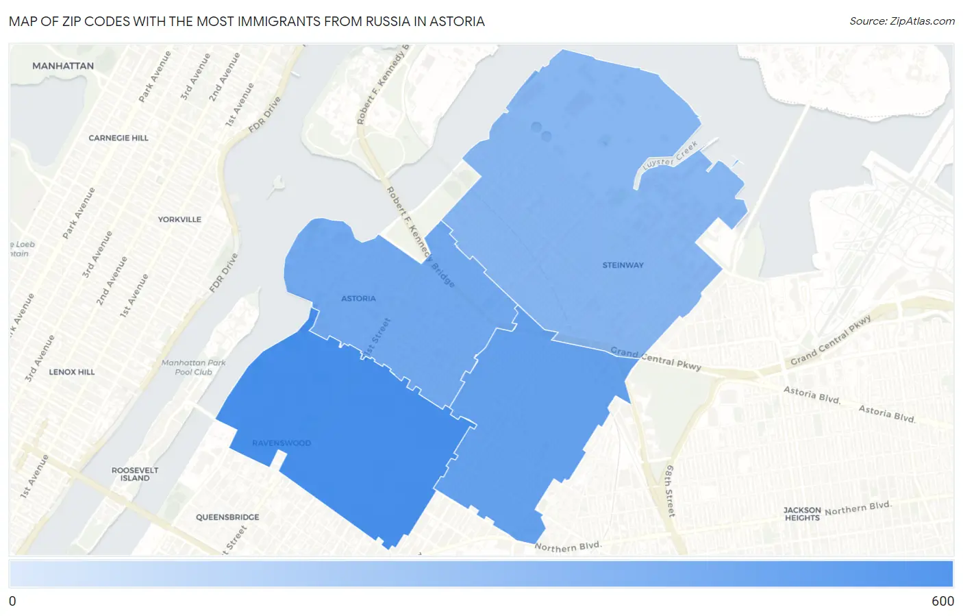 Zip Codes with the Most Immigrants from Russia in Astoria Map