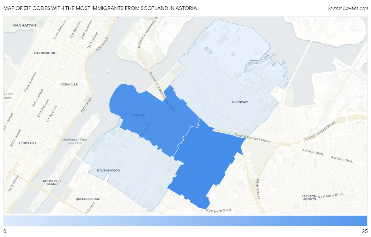 Zip Codes with the Most Immigrants from Scotland in Astoria Map