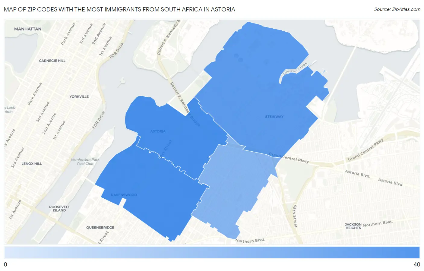 Zip Codes with the Most Immigrants from South Africa in Astoria Map