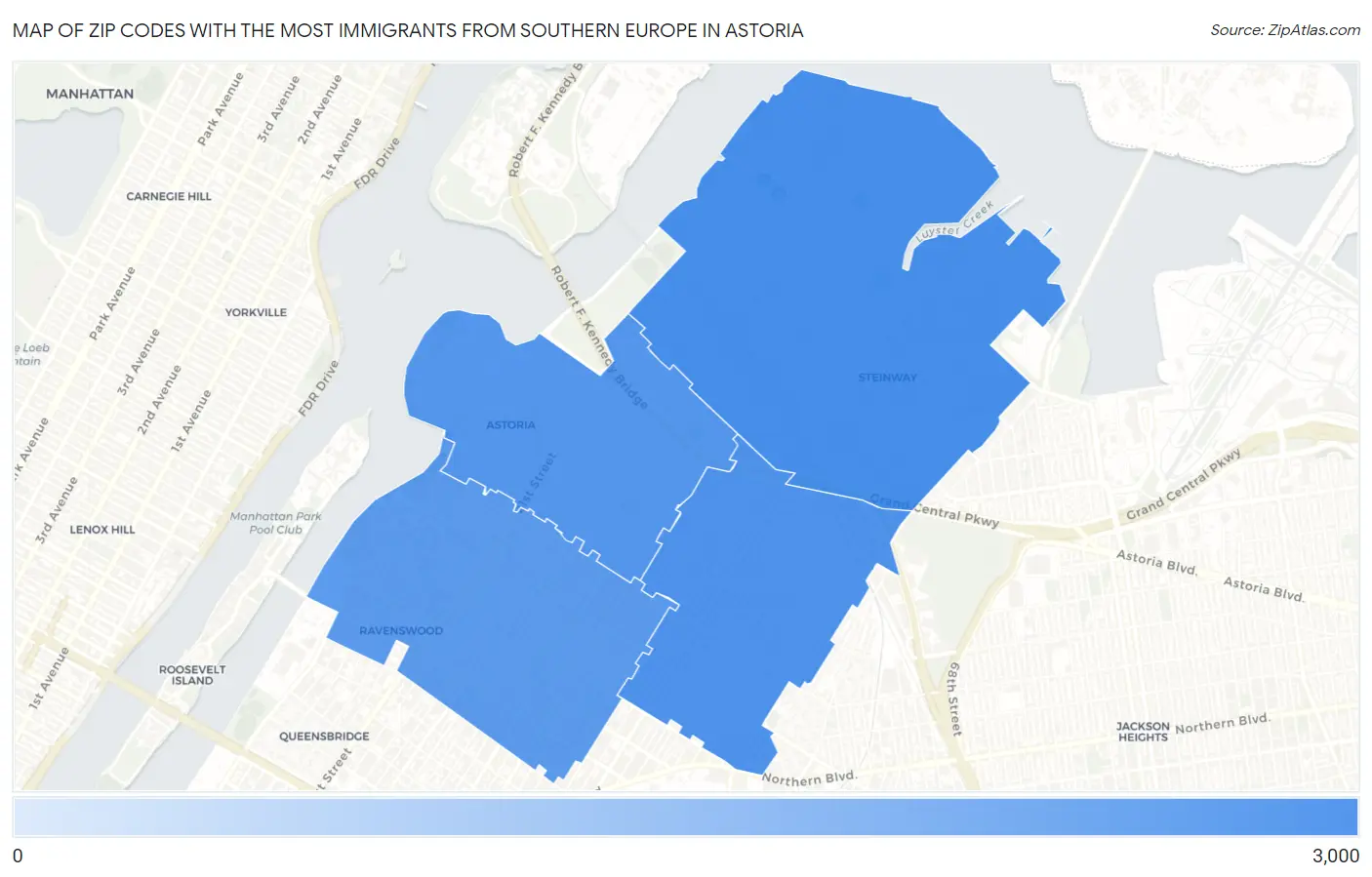 Zip Codes with the Most Immigrants from Southern Europe in Astoria Map