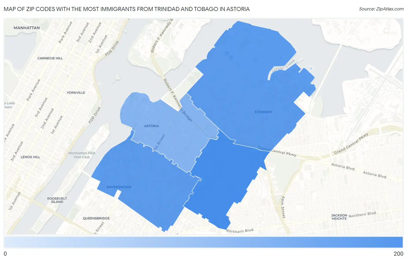 Zip Codes with the Most Immigrants from Trinidad and Tobago in Astoria Map