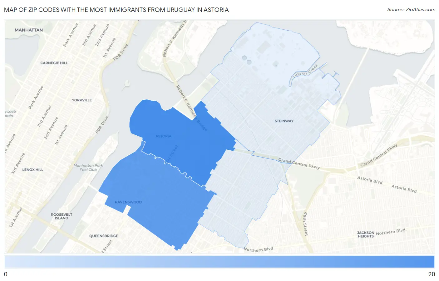 Zip Codes with the Most Immigrants from Uruguay in Astoria Map