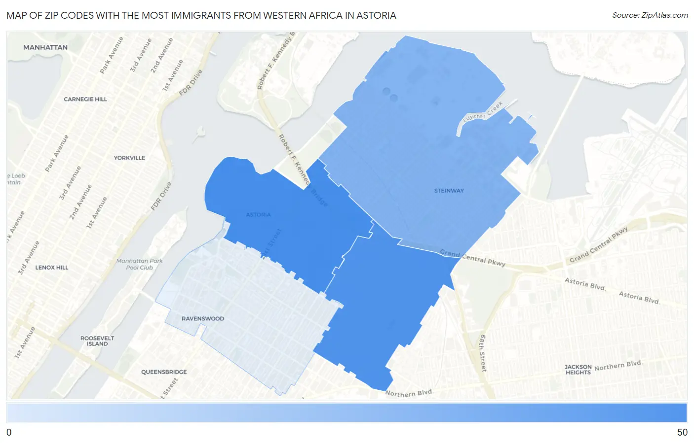 Zip Codes with the Most Immigrants from Western Africa in Astoria Map