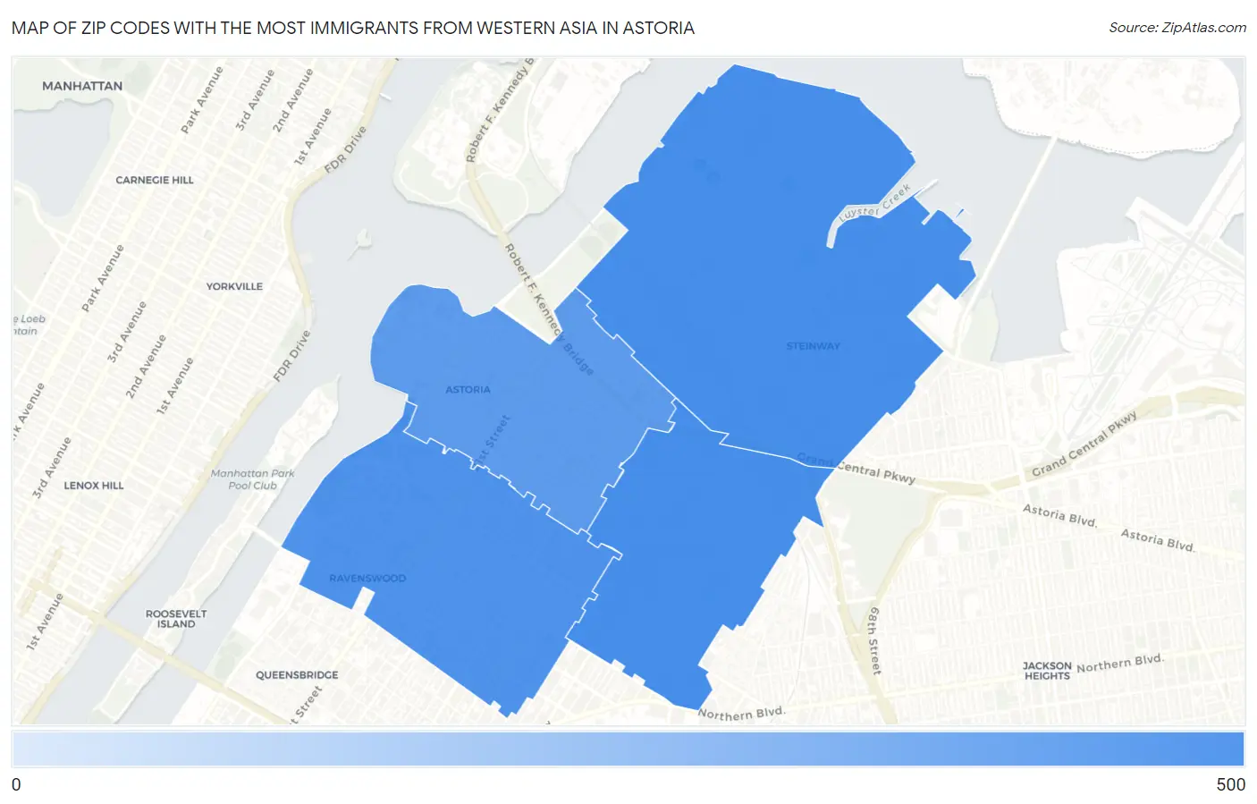 Zip Codes with the Most Immigrants from Western Asia in Astoria Map
