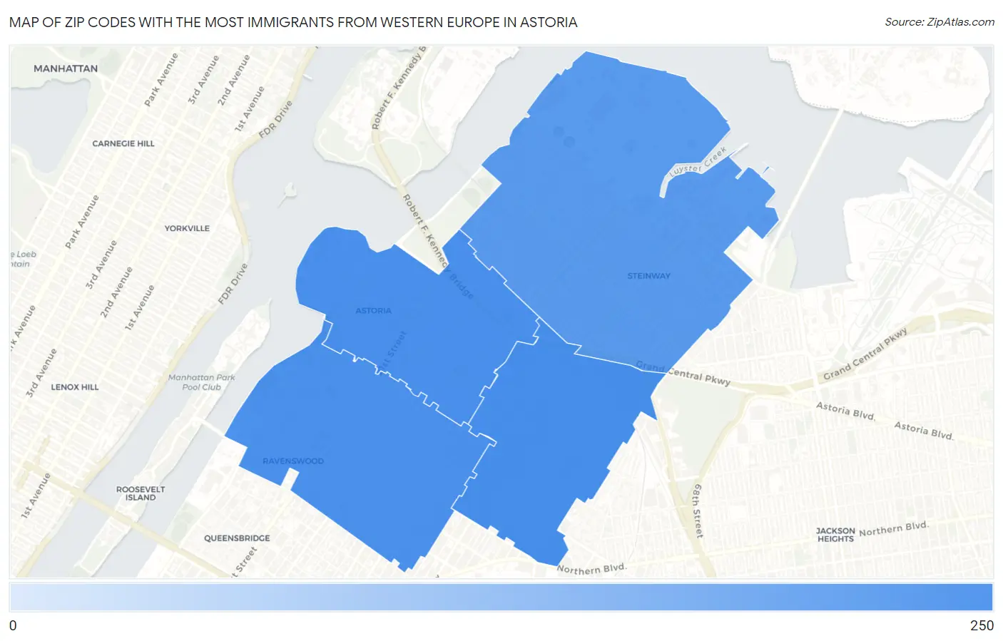 Zip Codes with the Most Immigrants from Western Europe in Astoria Map