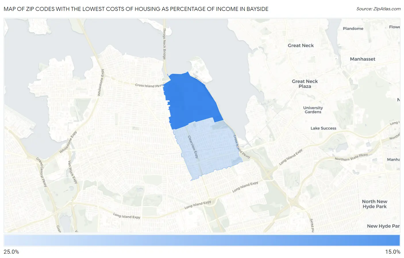 Zip Codes with the Lowest Costs of Housing as Percentage of Income in Bayside Map