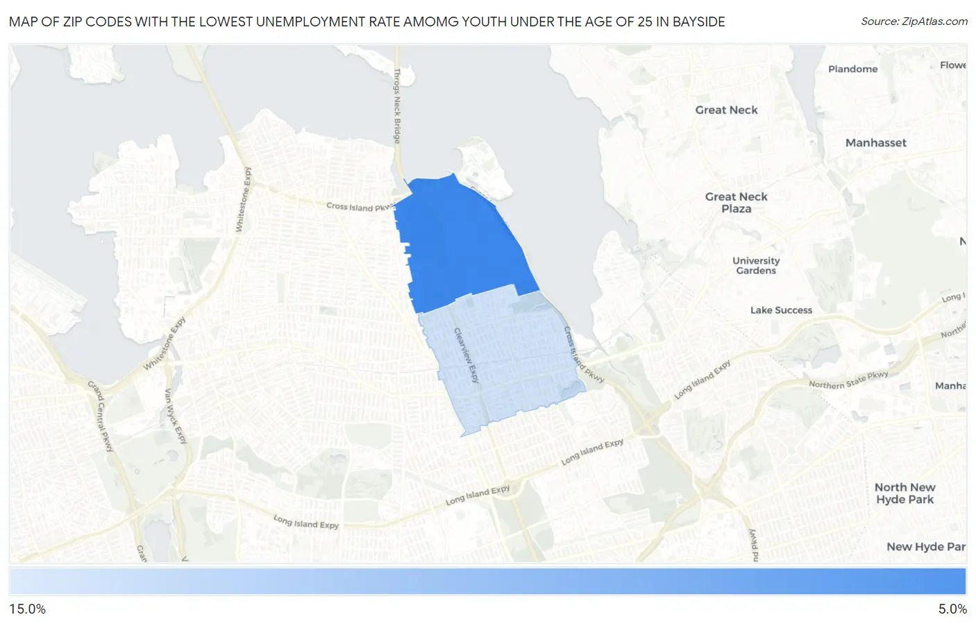 Zip Codes with the Lowest Unemployment Rate Amomg Youth Under the Age of 25 in Bayside Map