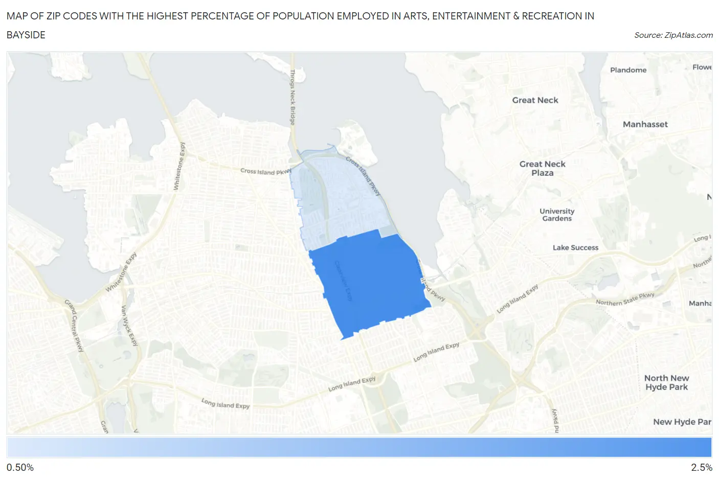 Zip Codes with the Highest Percentage of Population Employed in Arts, Entertainment & Recreation in Bayside Map