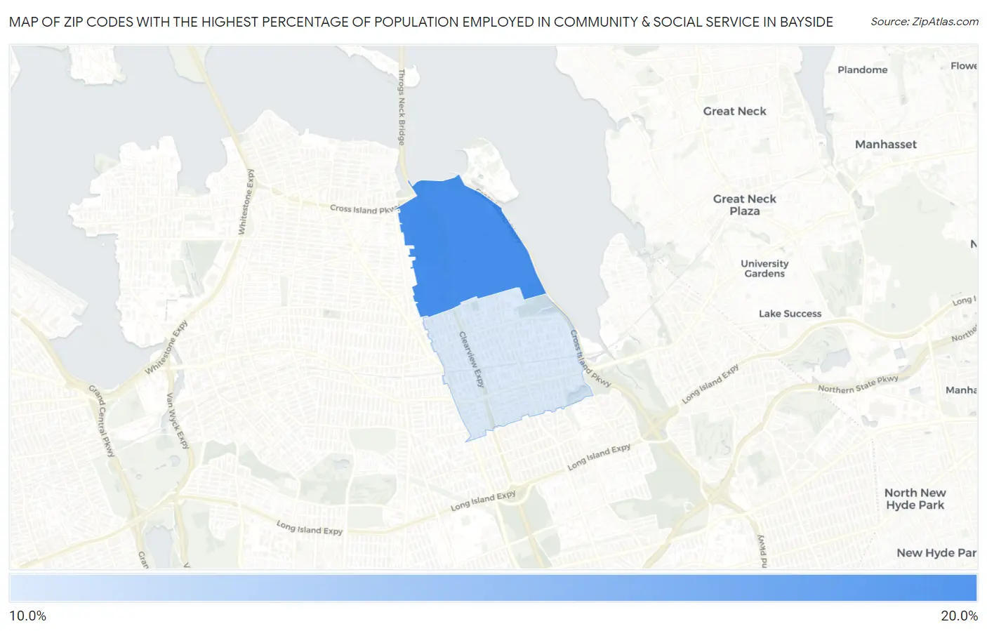 Zip Codes with the Highest Percentage of Population Employed in Community & Social Service  in Bayside Map