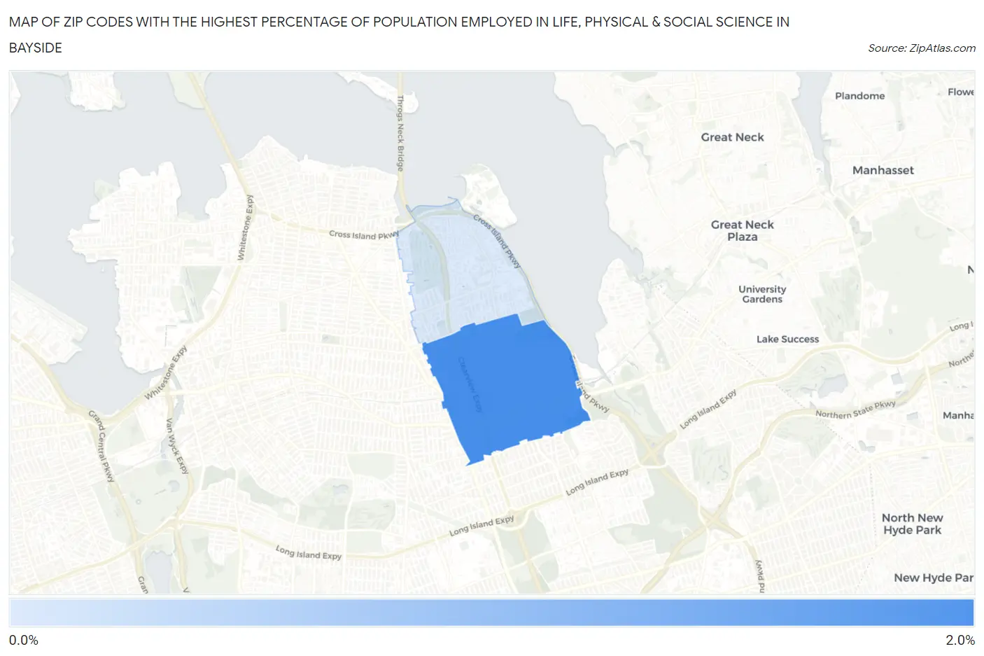 Zip Codes with the Highest Percentage of Population Employed in Life, Physical & Social Science in Bayside Map