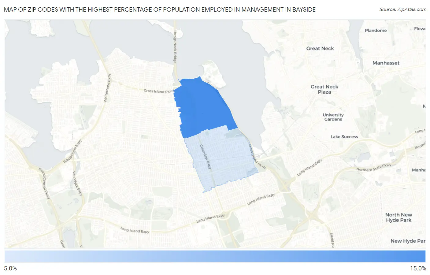 Zip Codes with the Highest Percentage of Population Employed in Management in Bayside Map