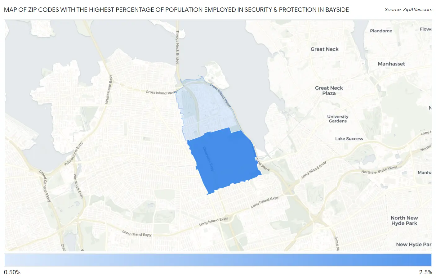 Zip Codes with the Highest Percentage of Population Employed in Security & Protection in Bayside Map