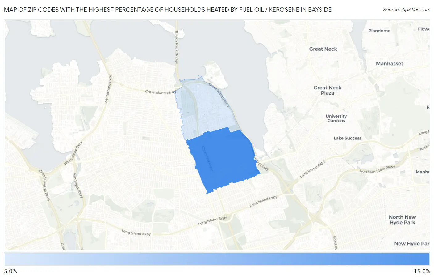 Zip Codes with the Highest Percentage of Households Heated by Fuel Oil / Kerosene in Bayside Map